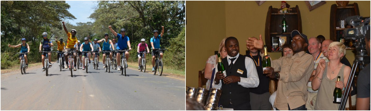 Biking on guided cycling tour around Mount Kilimanjaro in Tanzania