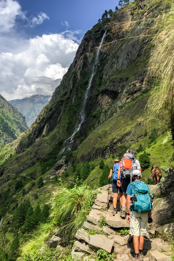 Approaching the waterfall on Manaslu Circuit trek in Nepal