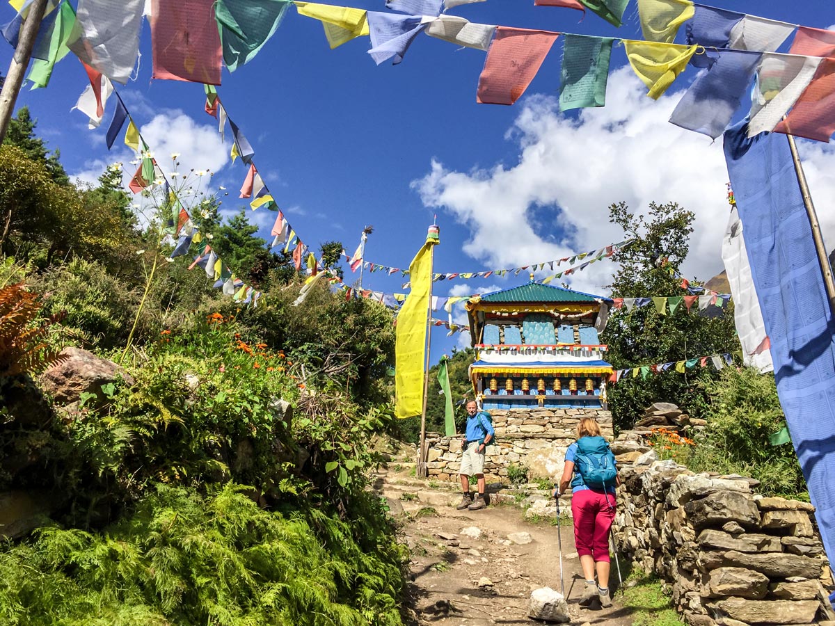 Prayer flags and architecture on Manaslu Circuit trek in Nepal