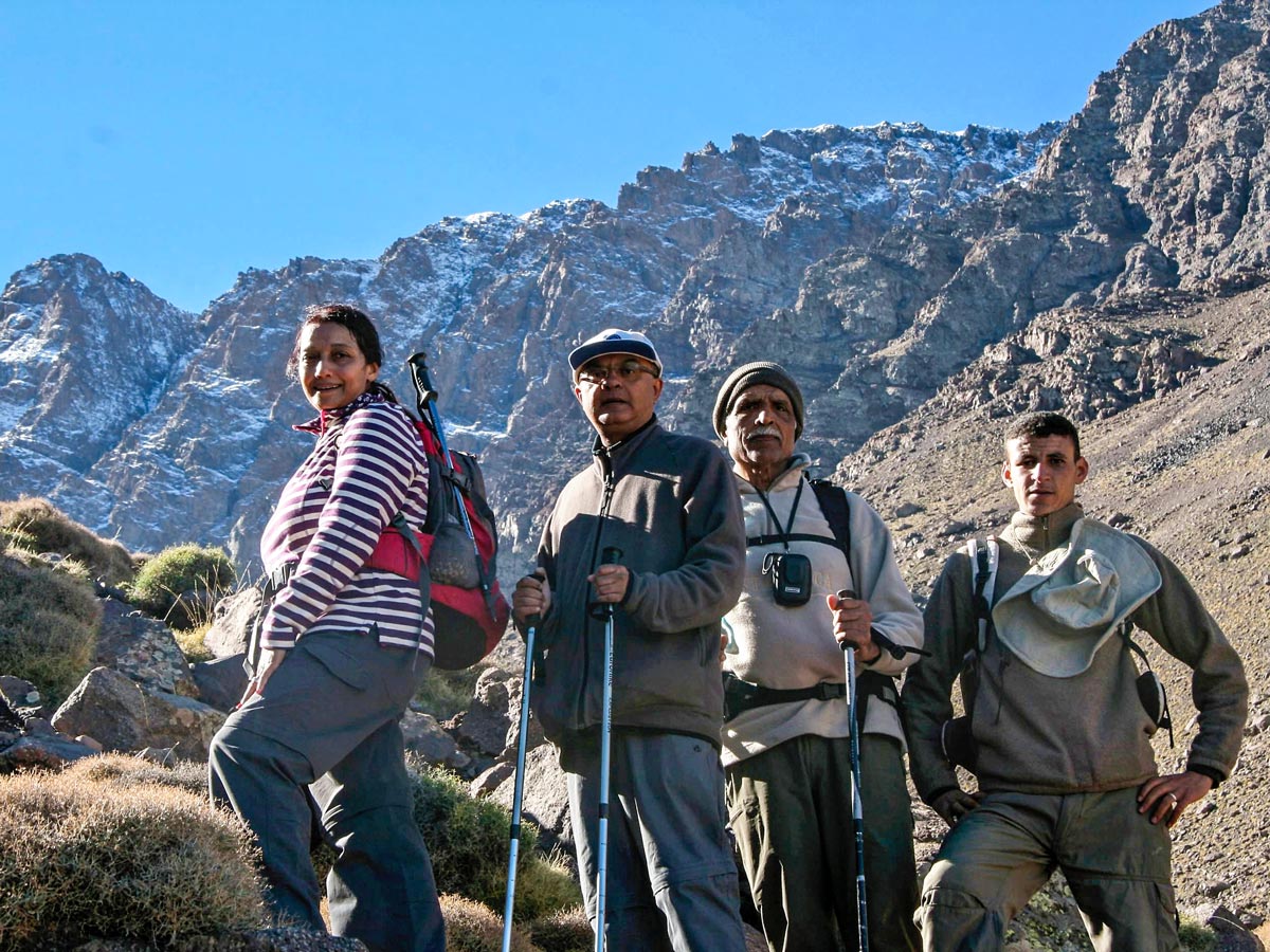 Trekkers posing on Villages Valleys and Mt Toubkal Climb tour from Marrakech