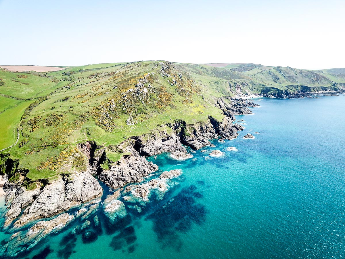 Aerial photo of the trail at Salcombe that you get to hike while on South Devon Coast