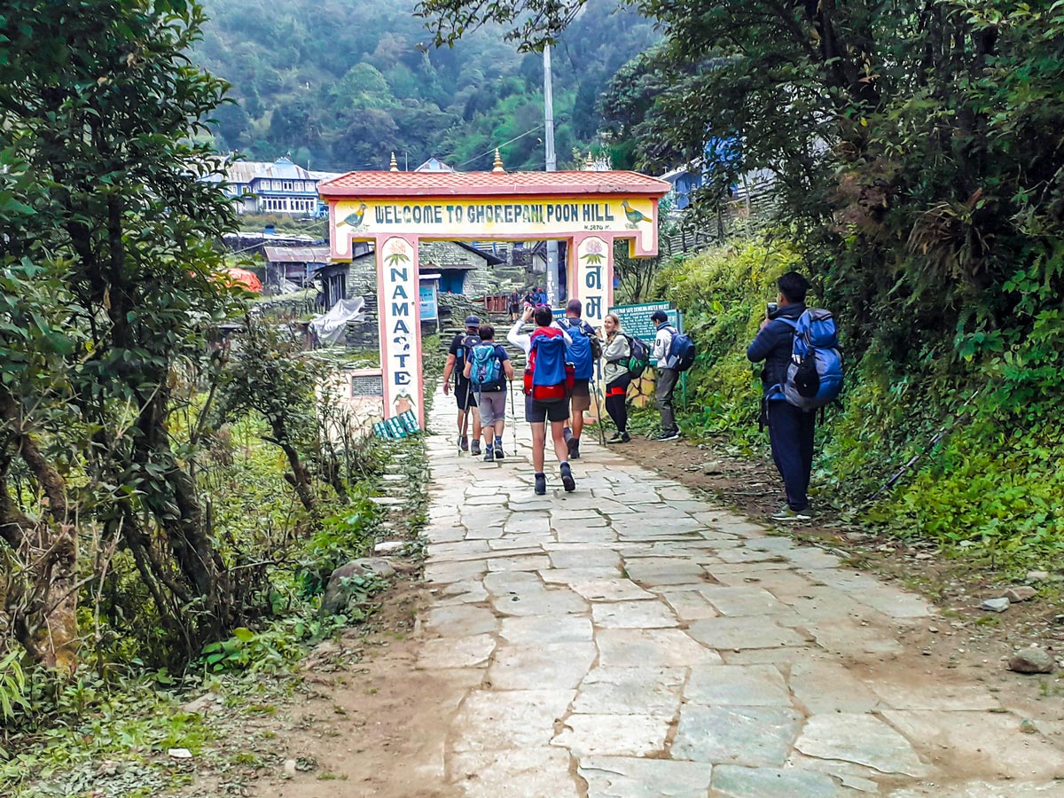 Group of hikers on Ghorepani and Poon Hill trek in Nepal