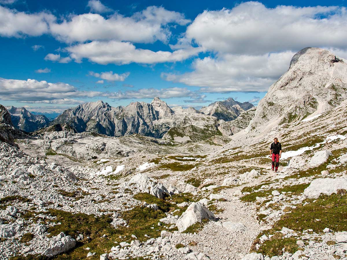 Hiking in Slovenian Alps on Hut to Hut tour rewards with beautiful views around Kanjavec