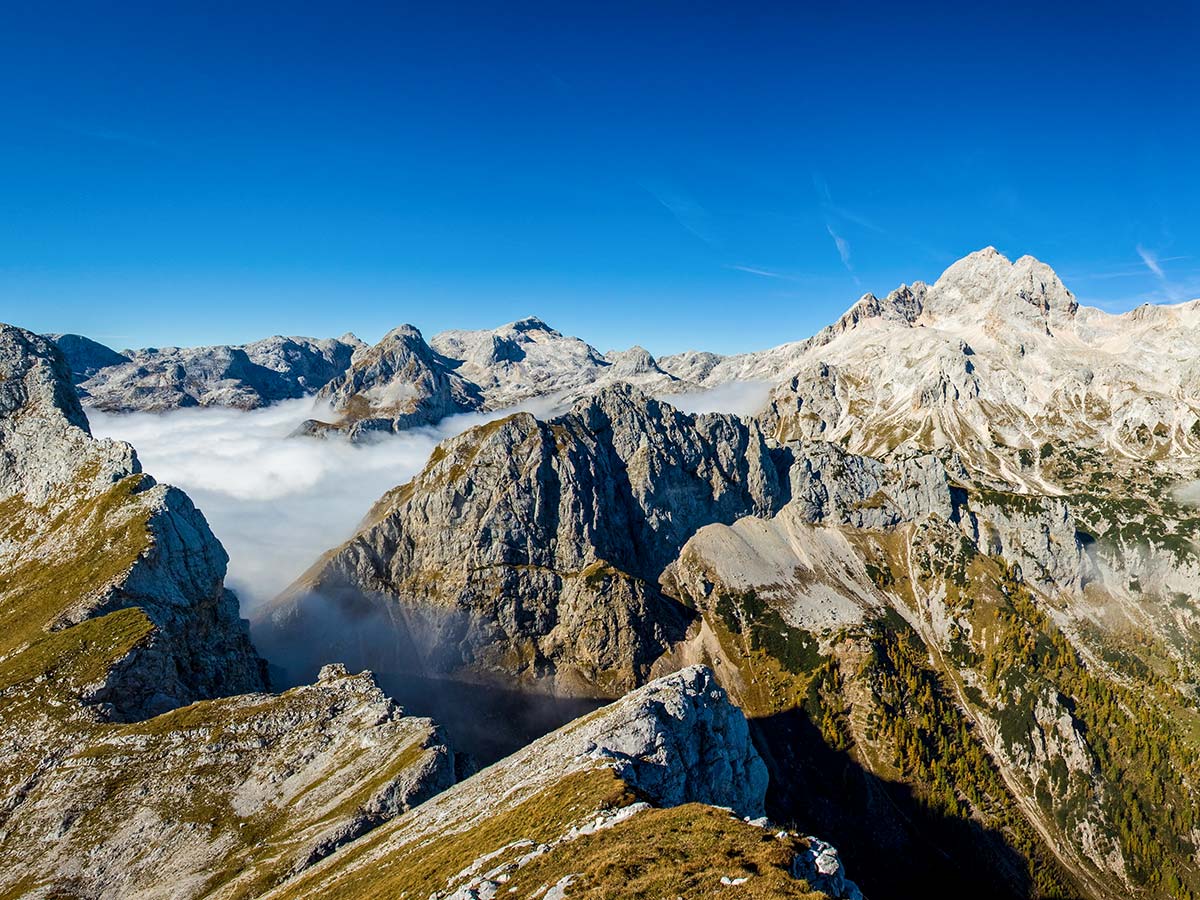 Panoramic view near Veliki and Mali Draski as seen near Hiking in Slovenian Alps on Hut to Hut tour