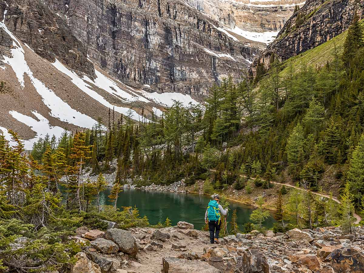 Hiking near Lake Moraine in the Canadian Rocky Mountains