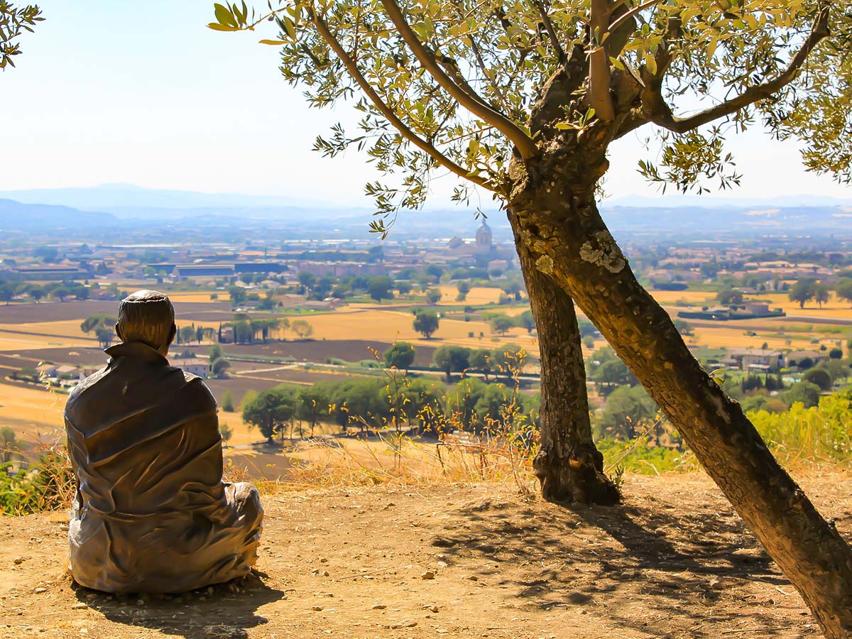 Overlooking the Umbria countryside on St Francis trek in Italy