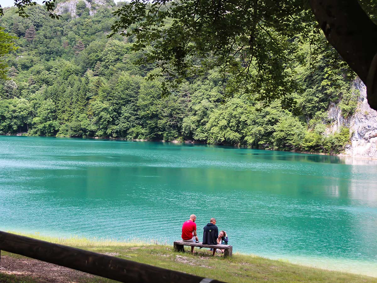 Beautiful turquose lake seen along Alta Via on Self guided Alto Adige Dolomites Walking Tour