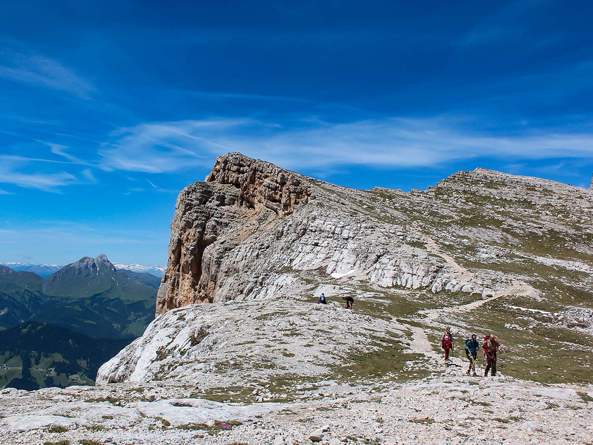 Approaching the peak on self guided walk in the Italian Dolomites