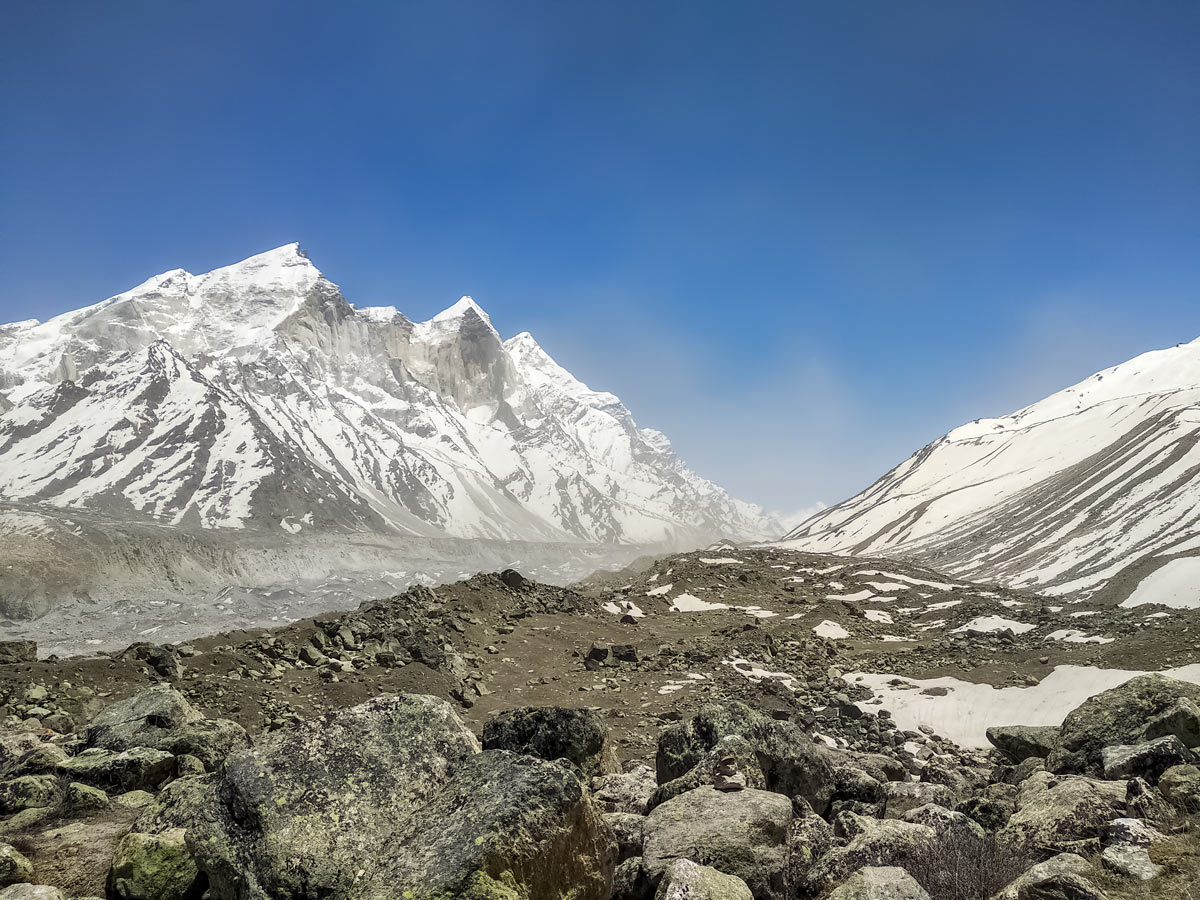 Snow on Himalayan mountains seen hiking Valley of the flowers Uttarakhand trek India