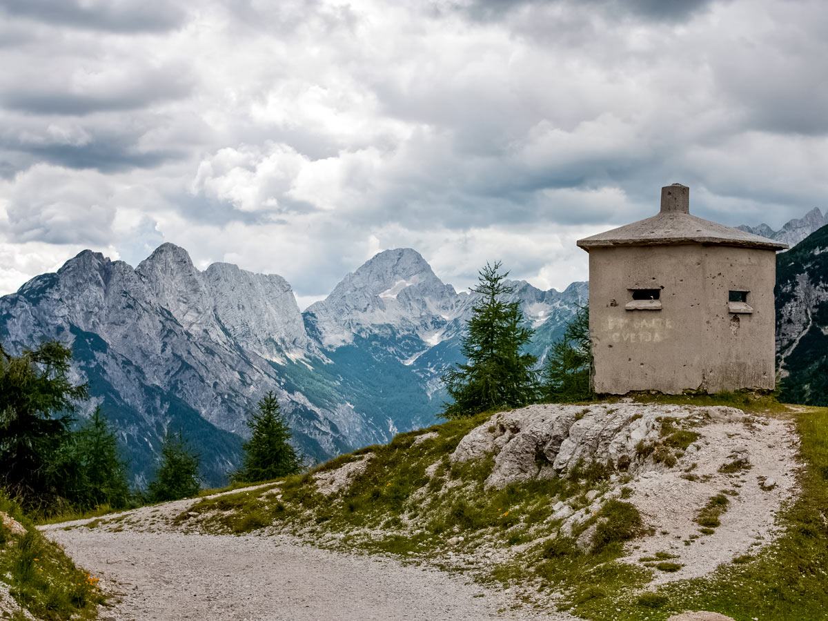 Mountaintop stprm shelter watch station seen along bike riding the mountains of Slovenia