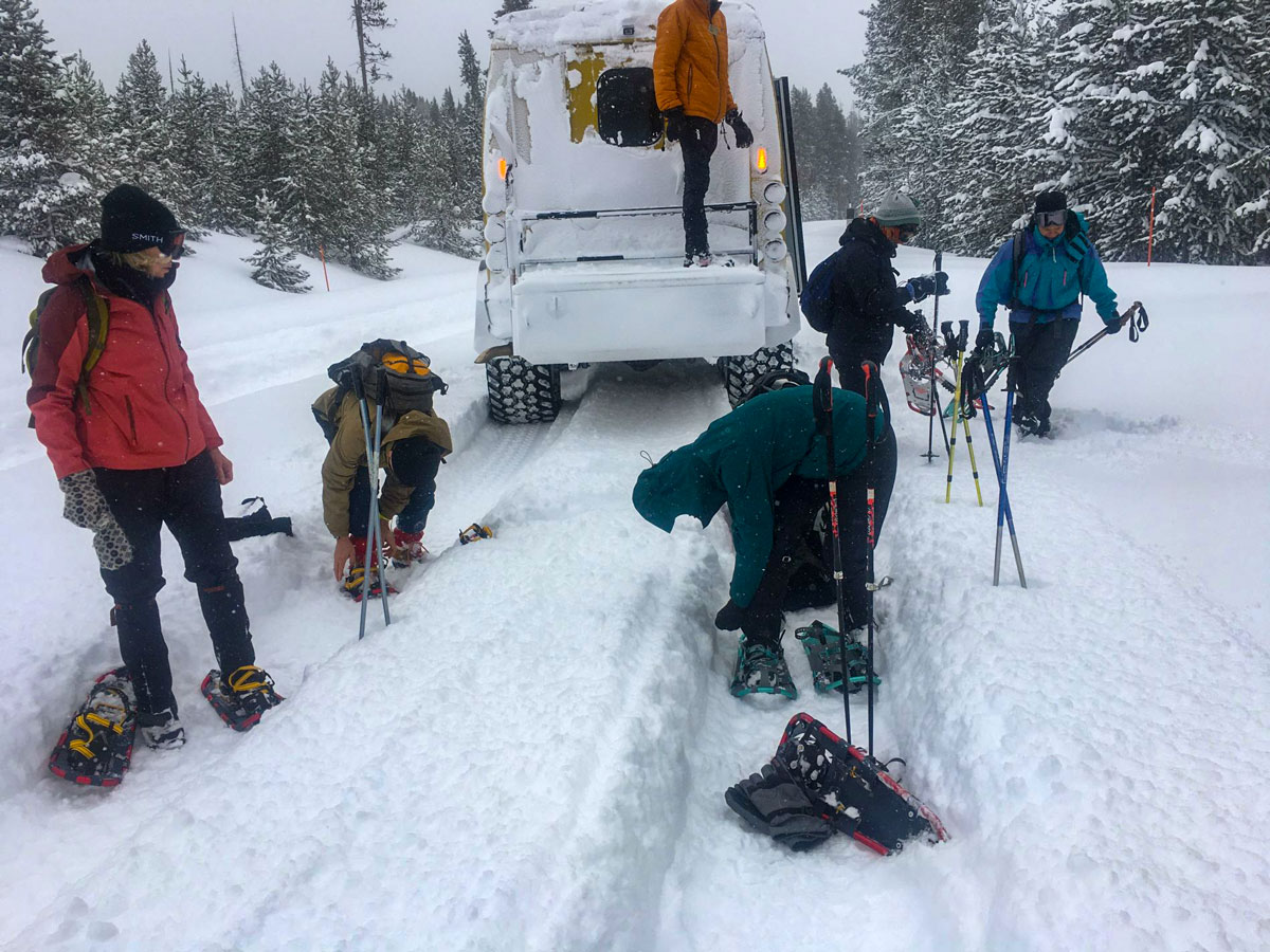 Snowshoers prepparing for trek snowshoe adventure tour Yellowstone National Park USA