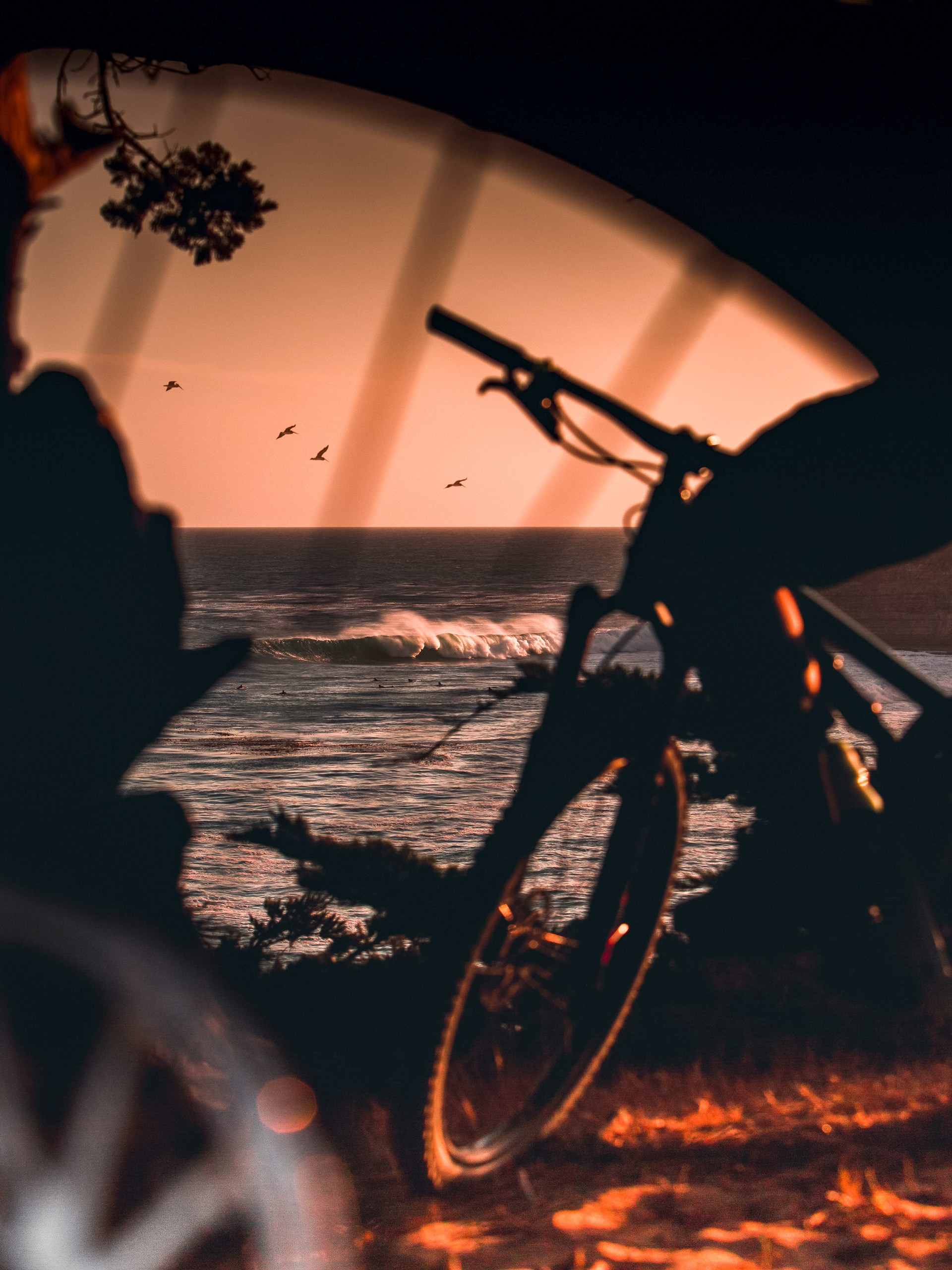 Bikes by the ocean at sunset Santa Cruz California USA